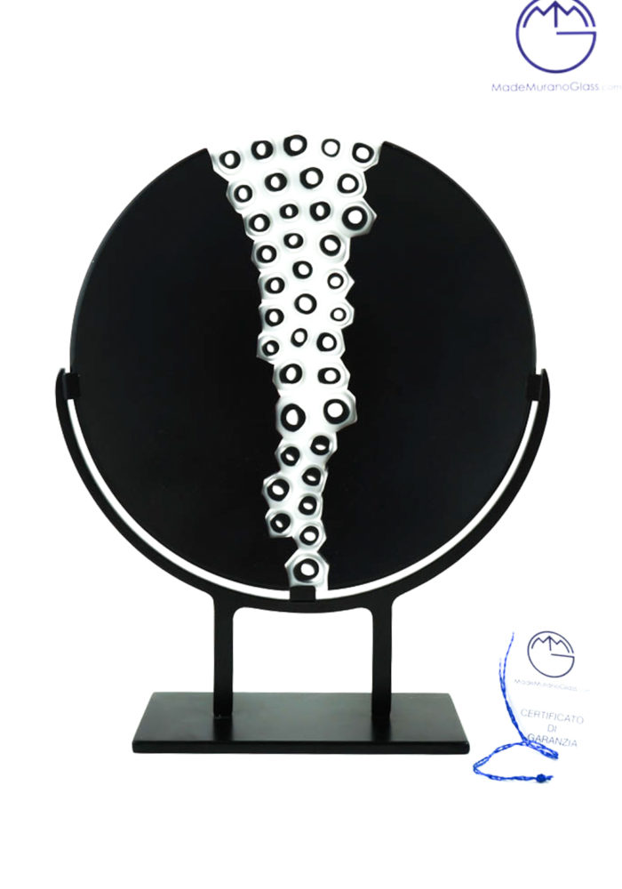 Round Black Plate In Murano Glass With White Murrina Made Murano Glass