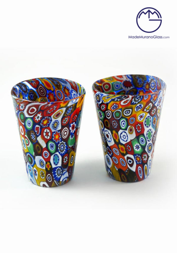 Set Di 2 Bicchieri Murano Vetro Con Murrine Rosa E Bianco - Made Murano  Glass