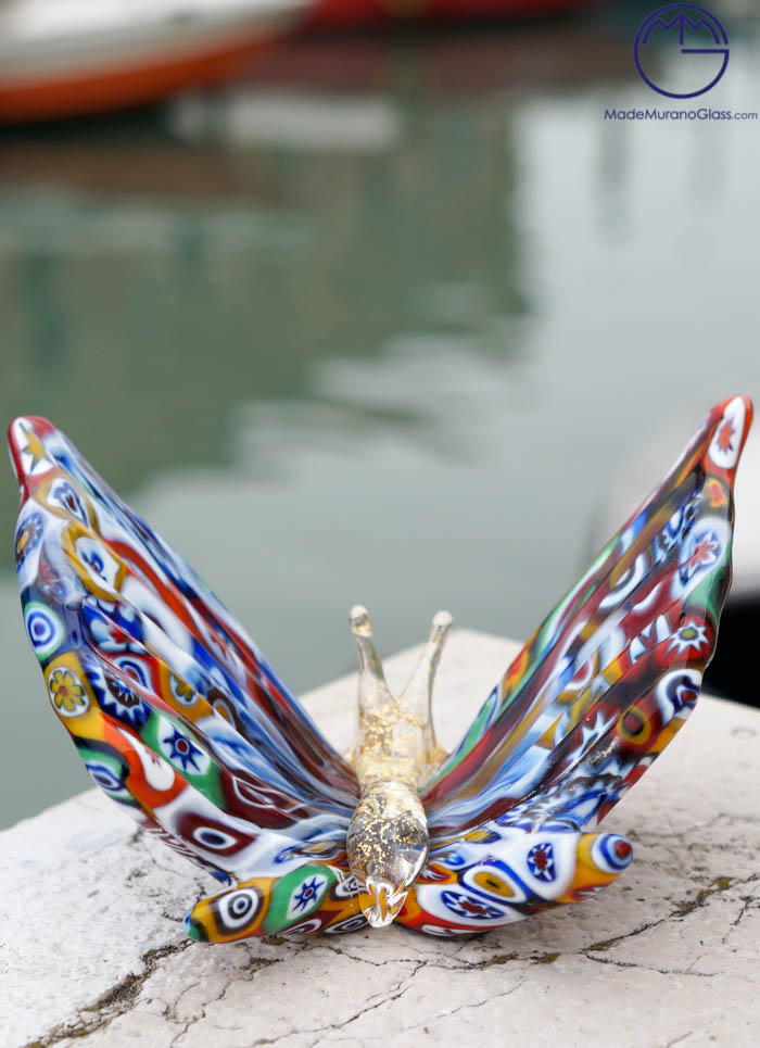 Murano Glass Animals - Butterfly With Murrina Millefiori And Gold -  Venetian Glass
