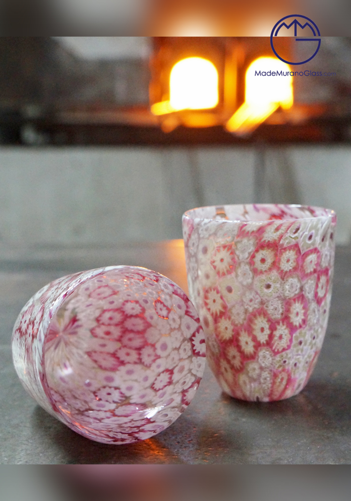 Set Of 2 Murano Drinking Glasses With Murrina Millefiori Pink And White -  Made Murano Glass