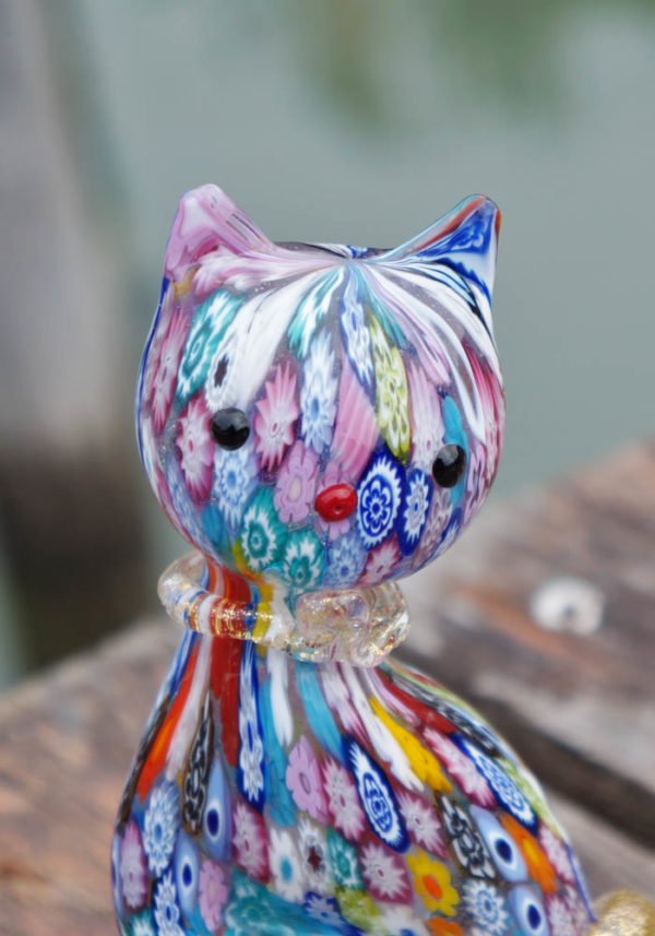 Murano Glass Kitty Cat Figurine, Millefiori, solid glass lampwork, Mad